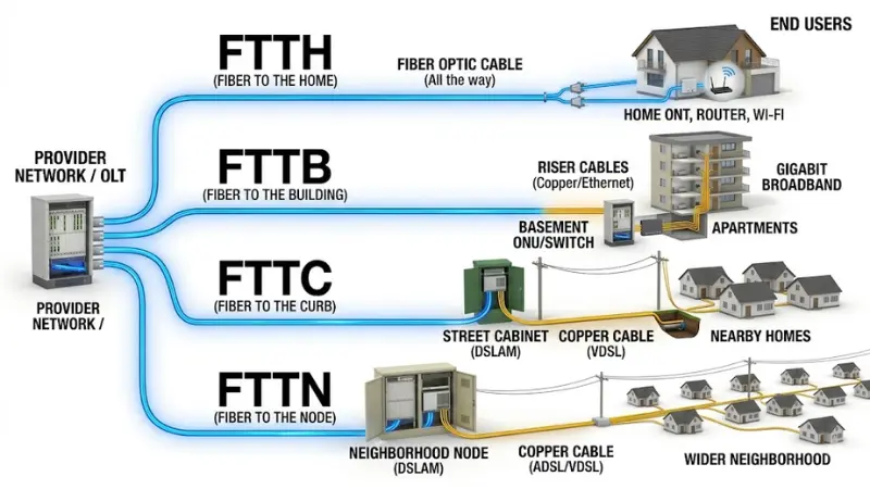 Comparison of FTTH FTTB FTTC and FTTN fiber broadband network architectures