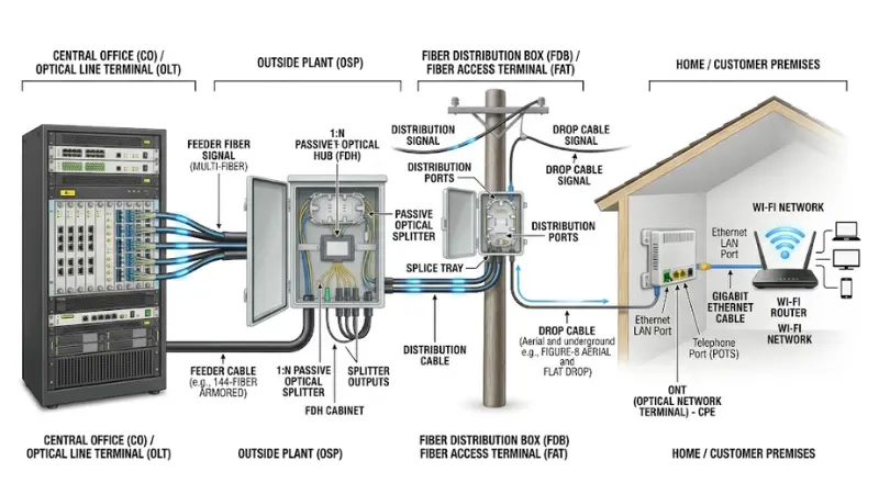 FTTH network diagram showing OLT ODN splitter drop cable ONT and router connection FTTH network diagram showing OLT ODN splitter drop cable ONT and router connection
