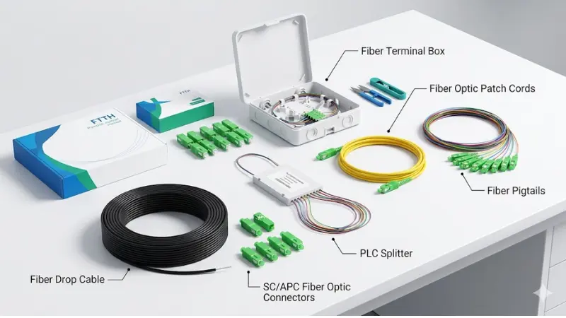 FTTH passive components including drop cable SC APC connector PLC splitter terminal box patch cord and pigtail