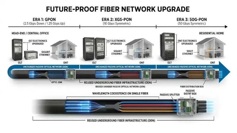 FTTH upgrade path from GPON to XGS-PON and 50G-PON using the same ODN infrastructure