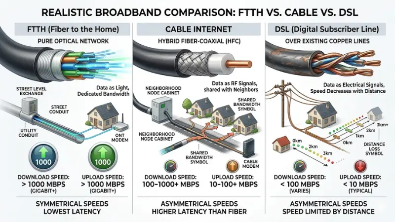 FTTH vs cable internet vs DSL comparison showing fiber coaxial and copper broadband connections