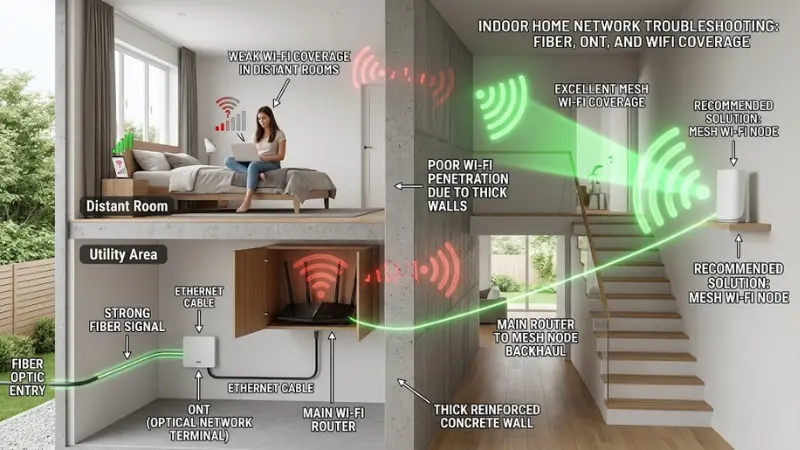 Four step FTTH installation process including availability check drop cable installation ONT placement and router testing Four step FTTH installation process including availability check drop cable installation ONT placement and router testing