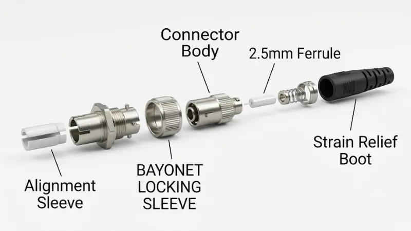 Exploded view of ST fiber optic connector structure including ferrule, bayonet sleeve and strain relief boot