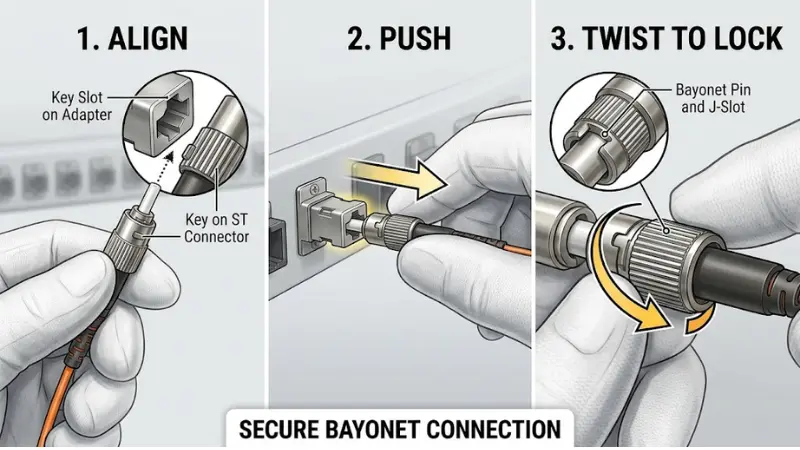 ST fiber connector insertion process showing align push and twist-to-lock bayonet connection ST fiber connector insertion process showing align push and twist-to-lock bayonet connection