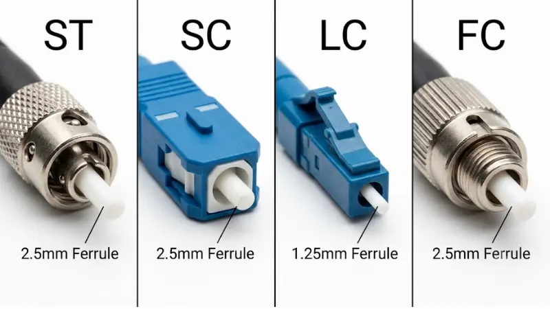 Comparison of ST SC LC and FC fiber optic connectors with ferrule sizes and locking styles Comparison of ST SC LC and FC fiber optic connectors with ferrule sizes and locking styles