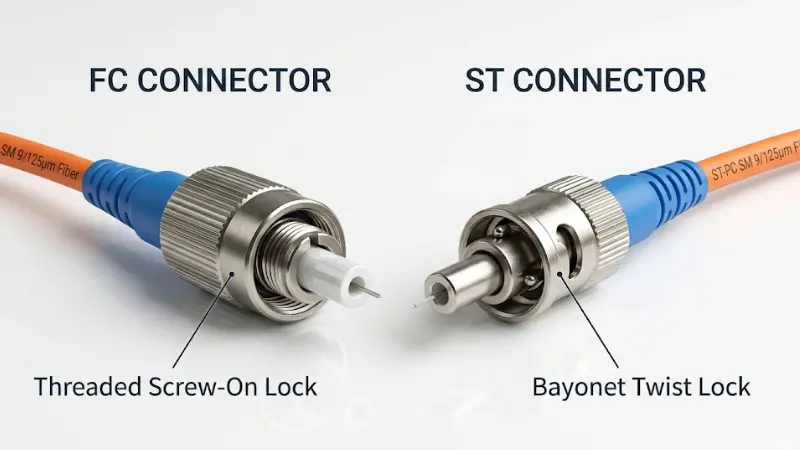 FC vs ST fiber optic connector comparison showing threaded FC connector and bayonet-style ST connector. FC vs ST fiber optic connector comparison showing threaded FC connector and bayonet-style ST connector.