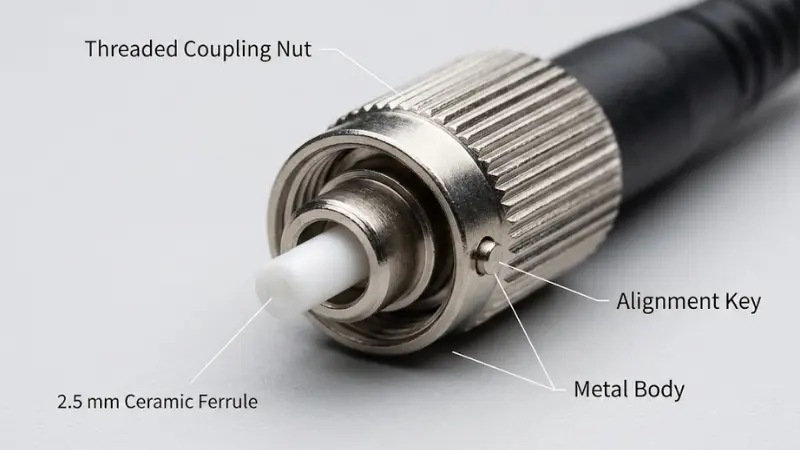 Close-up of FC fiber optic connector showing threaded coupling nut, ceramic ferrule, and alignment key.