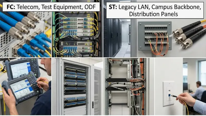 Three-step field identification guide for distinguishing FC and ST fiber optic connectors. Three-step field identification guide for distinguishing FC and ST fiber optic connectors.