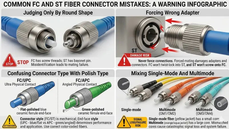 FC-to-ST hybrid patch cord connecting an FC equipment port to an ST patch panel port.