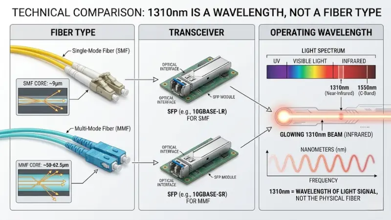 Diagram explaining that 1310nm refers to optical wavelength rather than fiber type