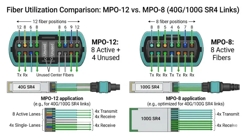 MPO-12 versus MPO-8 fiber utilization for 40G and 100G parallel optics MPO-12 versus MPO-8 fiber utilization for 40G and 100G parallel optics