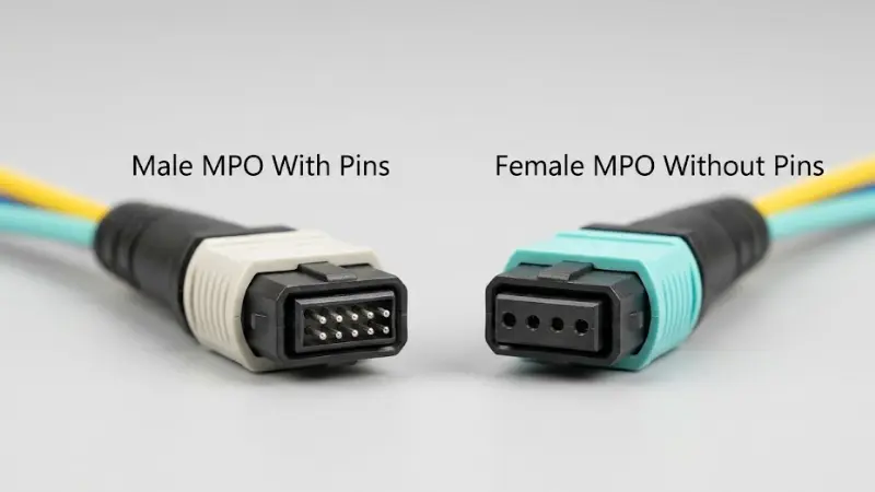 Male and female MPO fiber connectors showing alignment pins and pin holes