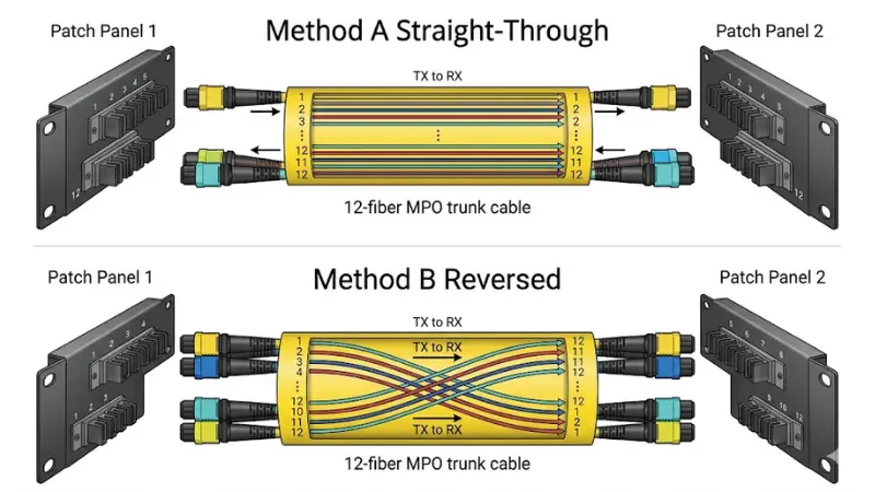 MPO fiber polarity diagram comparing Method A and Method B connections