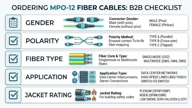 MPO-12 fiber cable buying checklist for gender polarity fiber type application and jacket rating