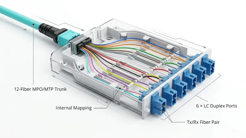 12-fiber MPO/MTP trunk mapped to six LC duplex ports inside a fiber cassette