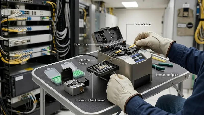Fusion splicing process for permanent low-loss fiber optic cable joints Fusion splicing process for permanent low-loss fiber optic cable joints